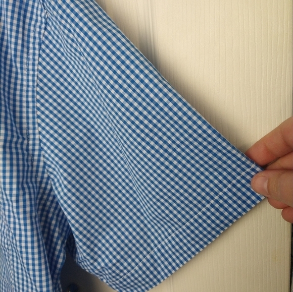 $Epic studio men's button up blue white gingham print short sleeve shirt. Size L - Picture 3 of 8